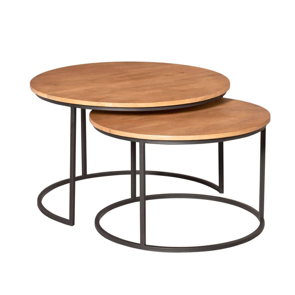 Mandy Naturel Couchtisch 2er-Set – Mangoholz & schwarzes Stahlgestell, 70x70x45 & 60x60x39 cm, modernes Design