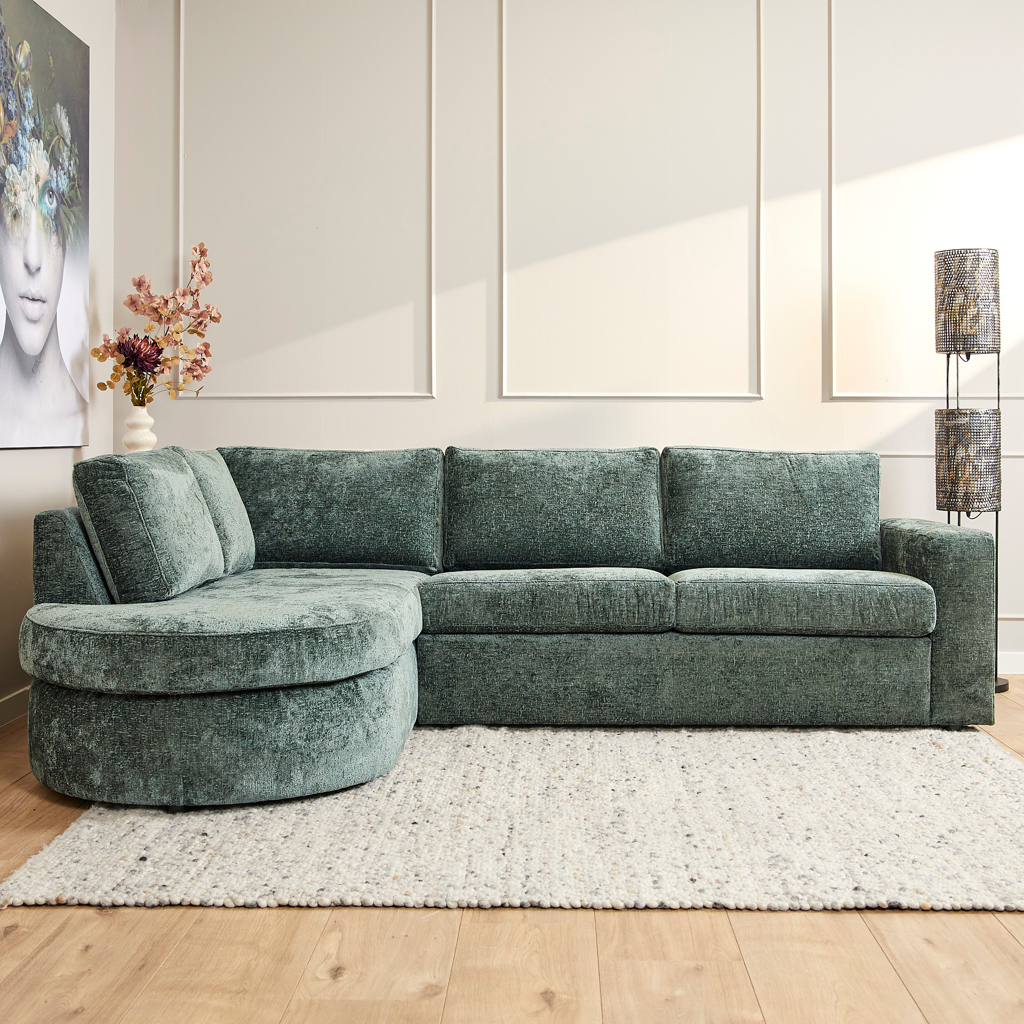 MeinLieblingsplatz Sofa Veronika – 2,5-Sitzer Couch mit Ottomane Links, Chenille Stoff Grün, 264 x 192 cm