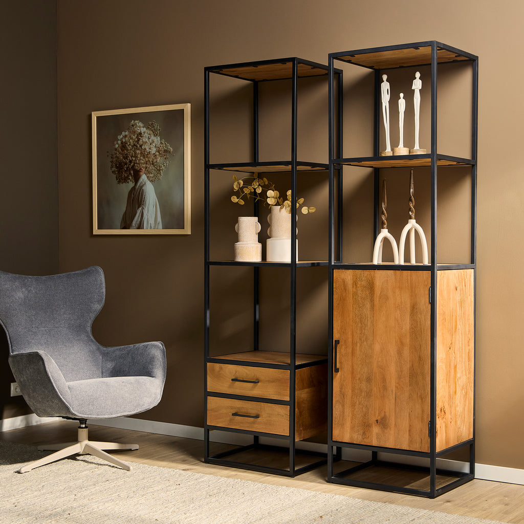 Bücherregal Delta Natur – Regal aus Mangoholz mit Metallrahmen in Schwarz, 1 Tür & Ablage, 55 x 45 x 200 cm