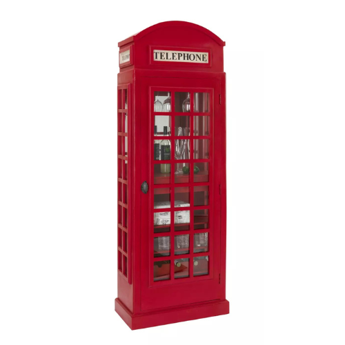 Telefonzelle Bar 71x41x201 cm – Mangoholz mit rotem Lackfinish im Retro-Design
