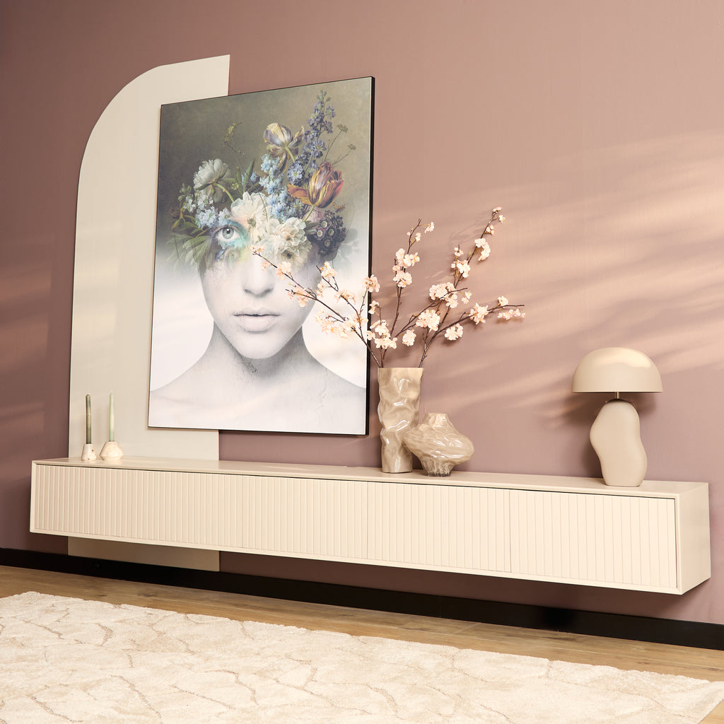 TV-Board Mandy Sand 280 x 35 x 30 cm – Schwebendes TV-Board aus Mangoholz mit Lamellentüren & Push-to-Open