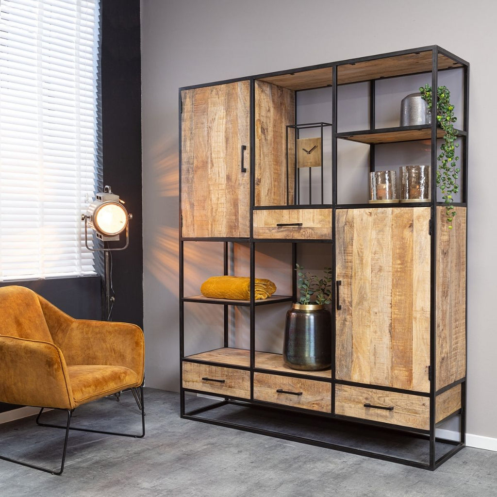Regal Delta Natur XXL – Mangoholz Schrank mit stabilem Metallgestell, 160×45×200 cm, stilvolles Regal im Industrial-Look