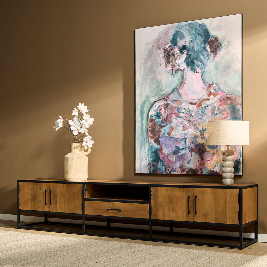 TV-Board Delta Natur 240x45x50 cm – modernes Lowboard aus Mangoholz mit 4 Türen & 1 Schublade