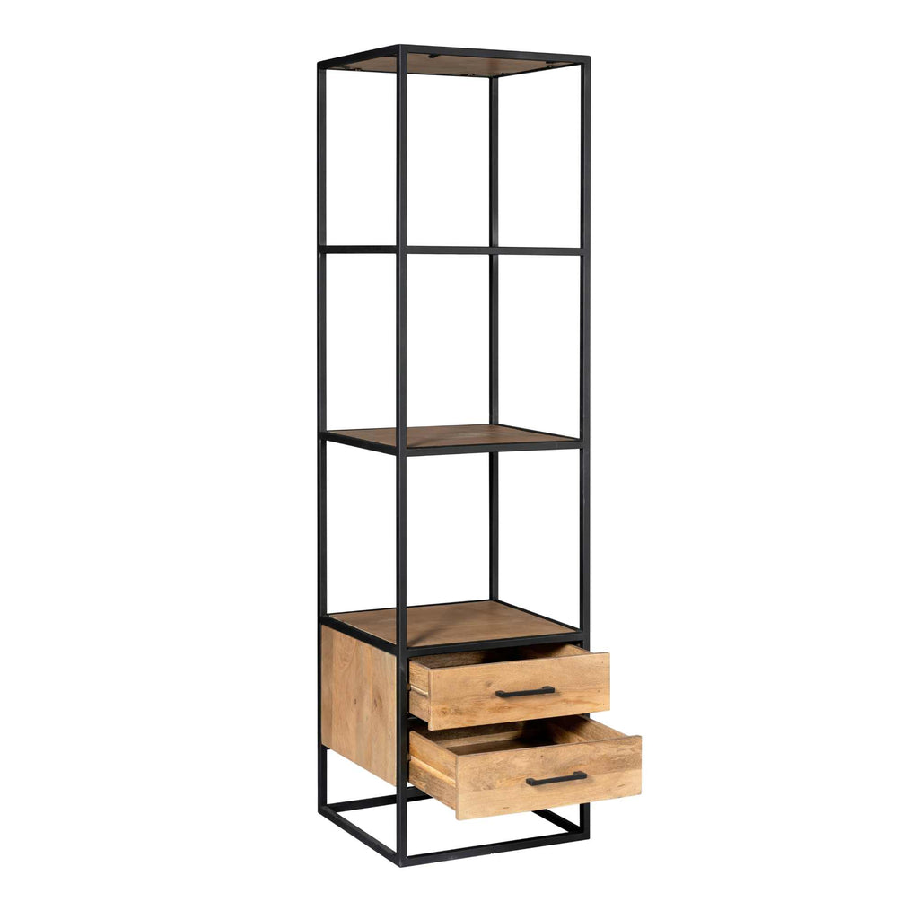 Bücherregal Delta Natur – Mangoholz Regal mit 2 Schubladen & Ablagen, 55×45×200 cm, Metallrahmen schwarz