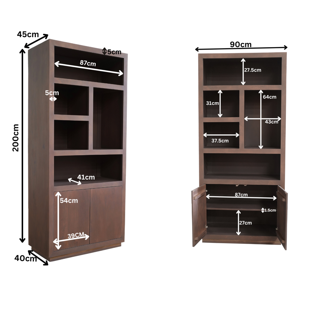 Bücherregal Bali Schwarz – Mangoholz mit modernem Design, 5 offene Fächer & 2 Türen mit Push-to-Open, 90 x 45 x 200 cm