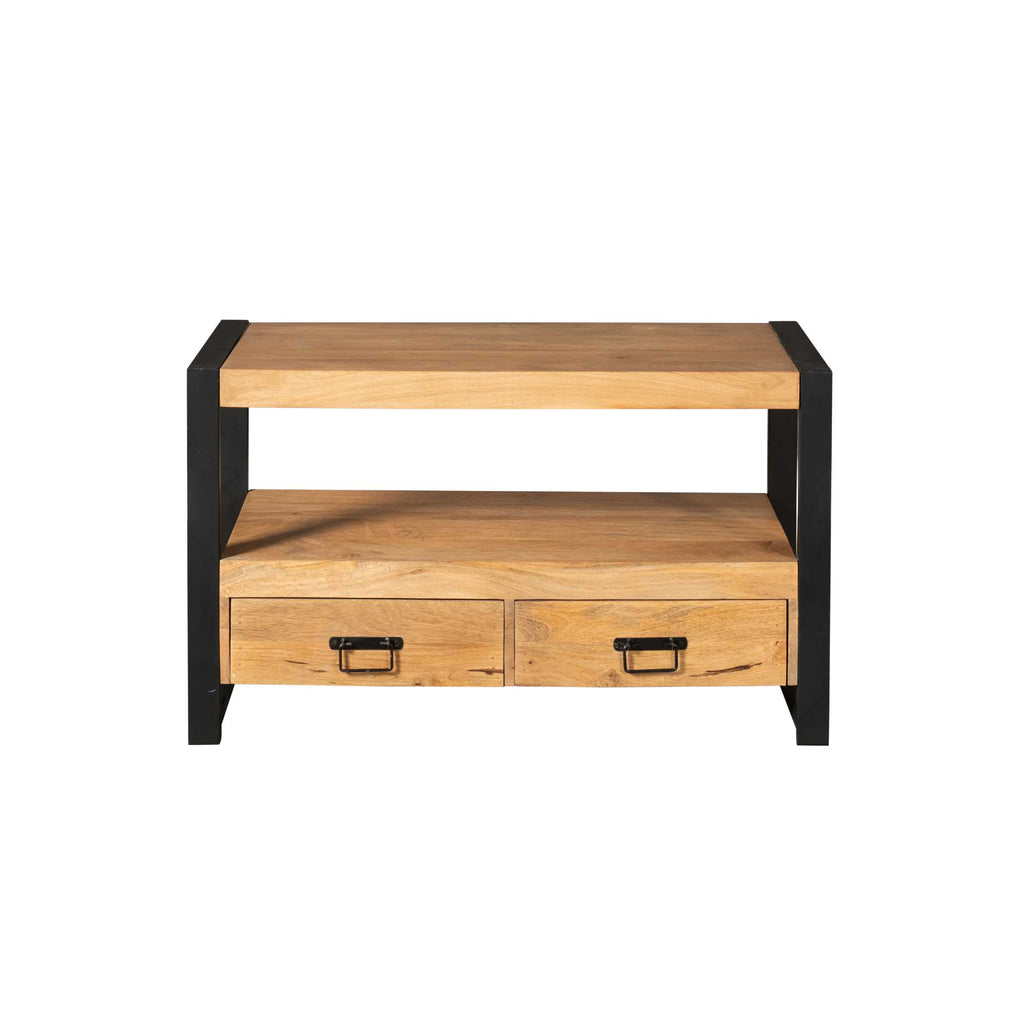 TV-Board Bori Natur – Lowboard aus Mangoholz mit Metallrahmen, 2 Schubladen & offenem Fach, 100 x 45 x 60