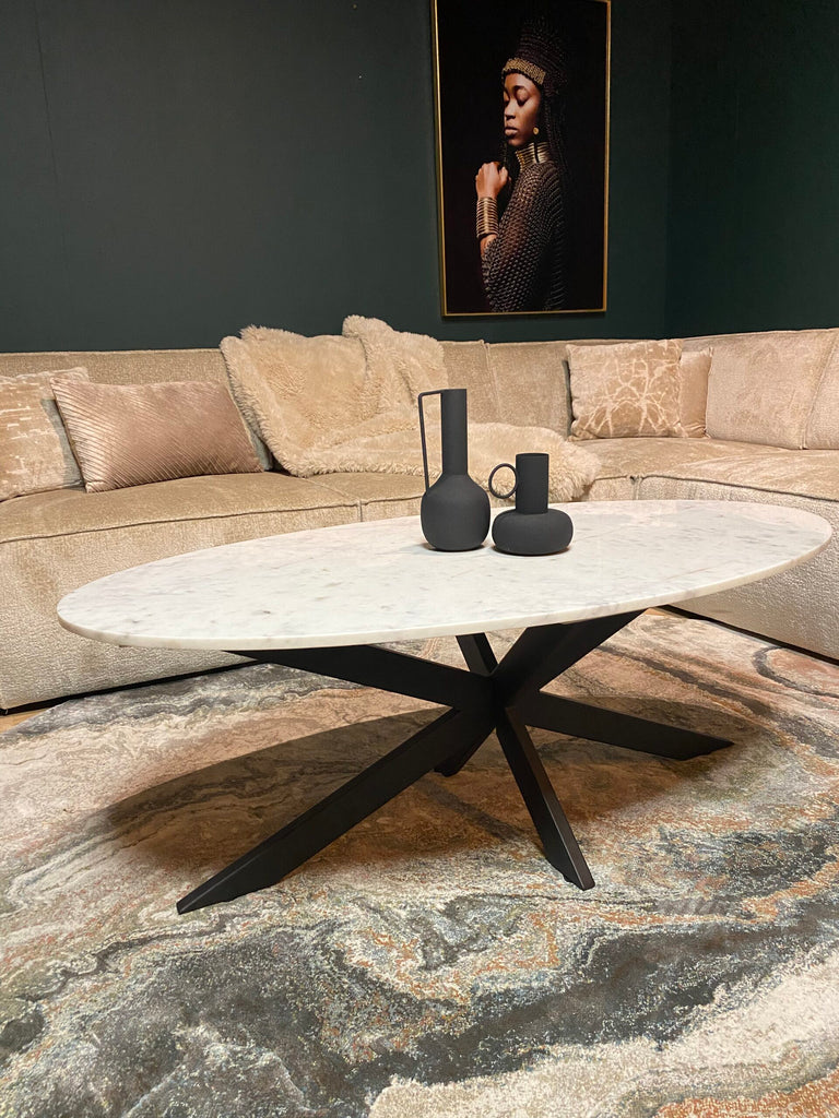 Couchtisch Faye – Weißer Marmor & schwarzes Metallgestell, elegantes Design 130x70x46 cm