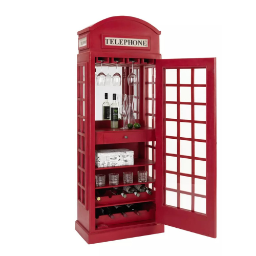 Telefonzelle Bar 71x41x201 cm – Mangoholz mit rotem Lackfinish im Retro-Design
