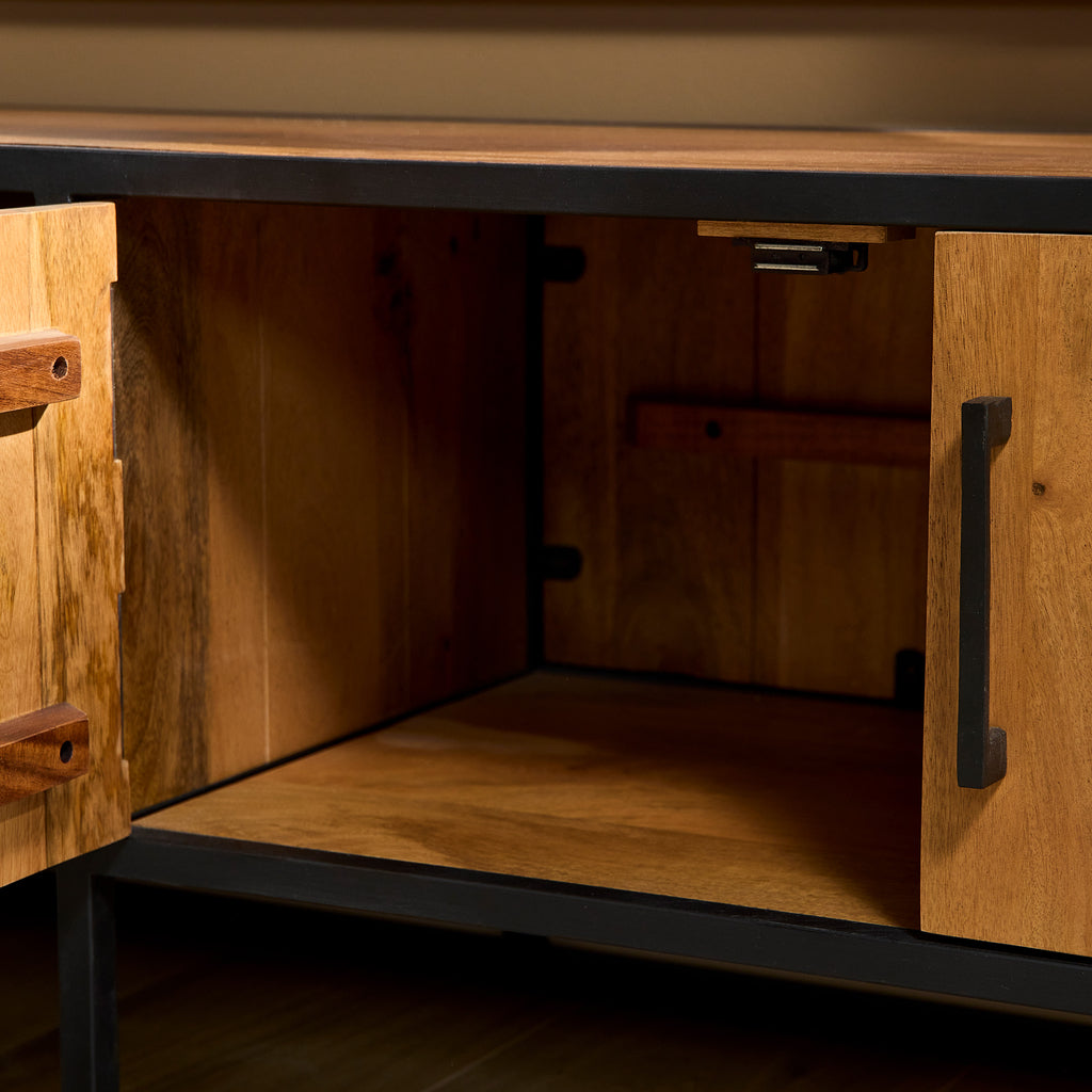 TV-Board Delta Natur 240x45x50 cm – modernes Lowboard aus Mangoholz mit 4 Türen & 1 Schublade
