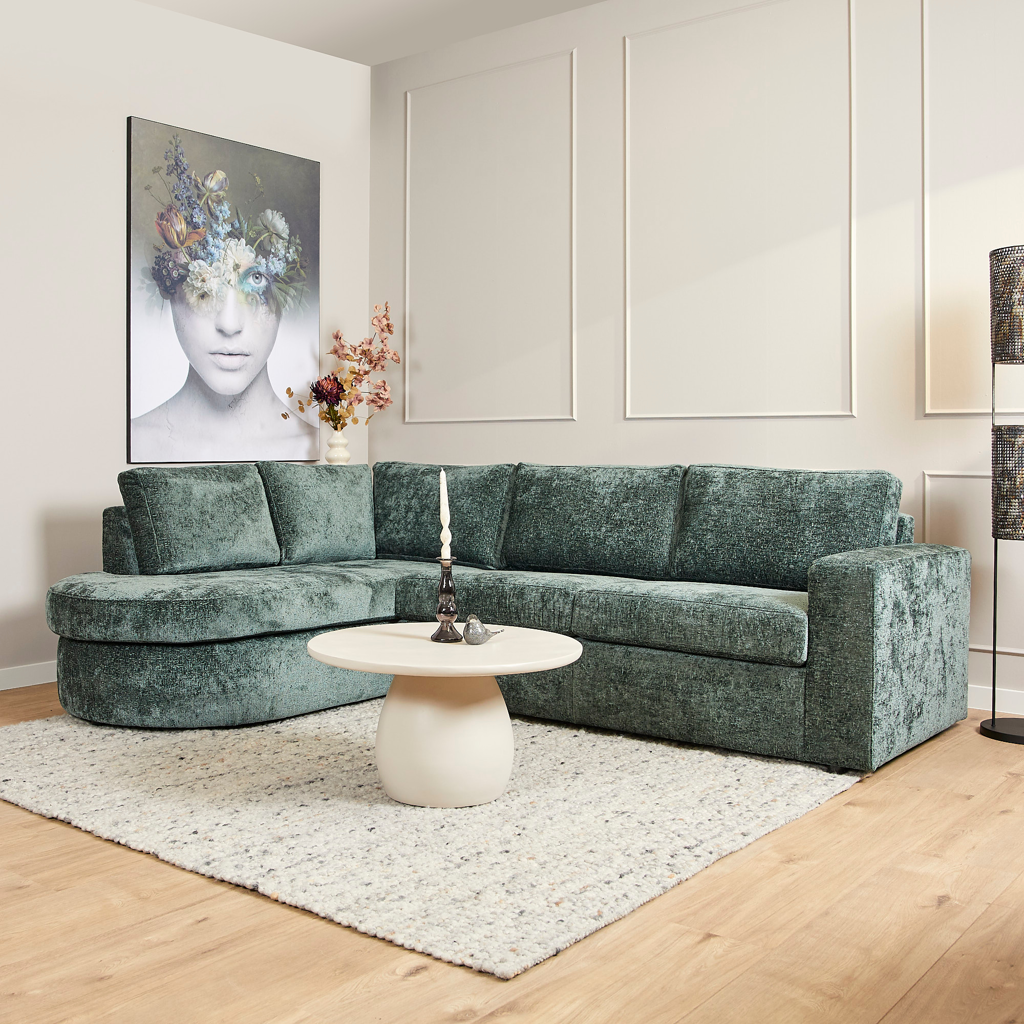 MeinLieblingsplatz Sofa Veronika – 2,5-Sitzer Couch mit Ottomane Links, Chenille Stoff Grün, 264 x 192 cm