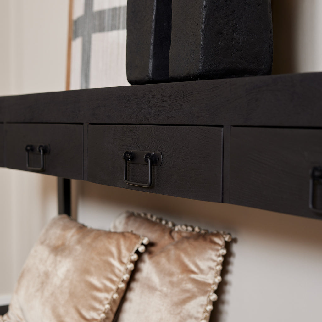 Konsolentisch Bori Schwarz – Beistelltisch aus Mangoholz mit 4 Schubladen & schwarzen Metallakzenten, 180 x 35 x 76 cm