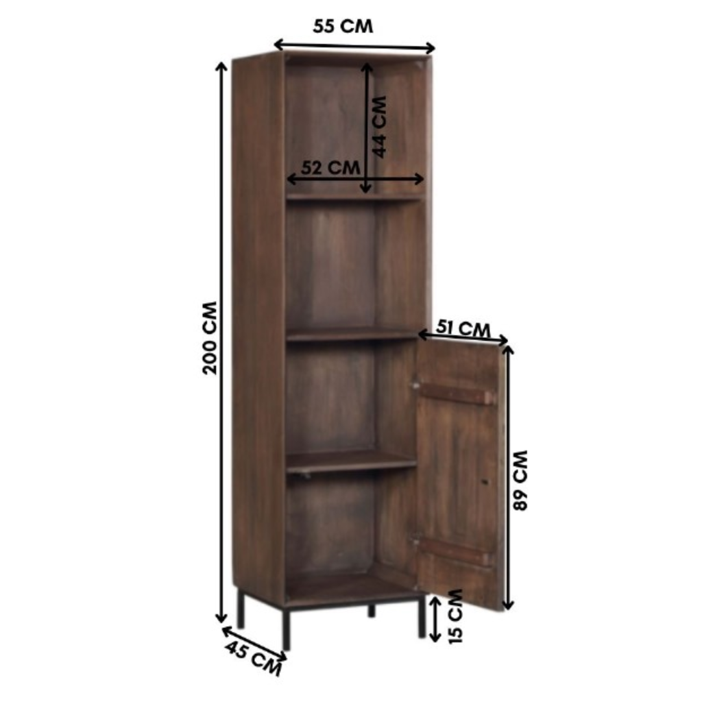 Bücherregal Bali Schwarz – Mangoholz mit modernem Design, 5 offene Fächer & 2 Türen mit Push-to-Open, 90 x 45 x 200 cm