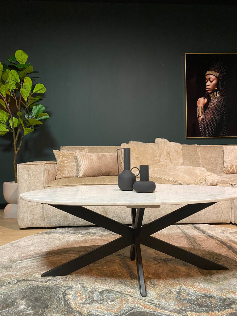 Couchtisch Faye – Weißer Marmor & schwarzes Metallgestell, elegantes Design 130x70x46 cm