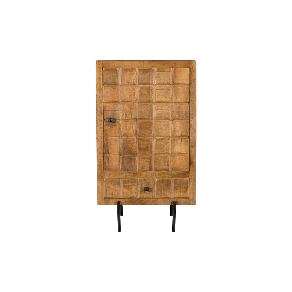 Highboard Jacky Natur – Schrank aus Mangoholz mit geschnitztem Blockmuster & Metallgestell, 1 Tür & 1 Schublade, 60 x 40 x 103 cm
