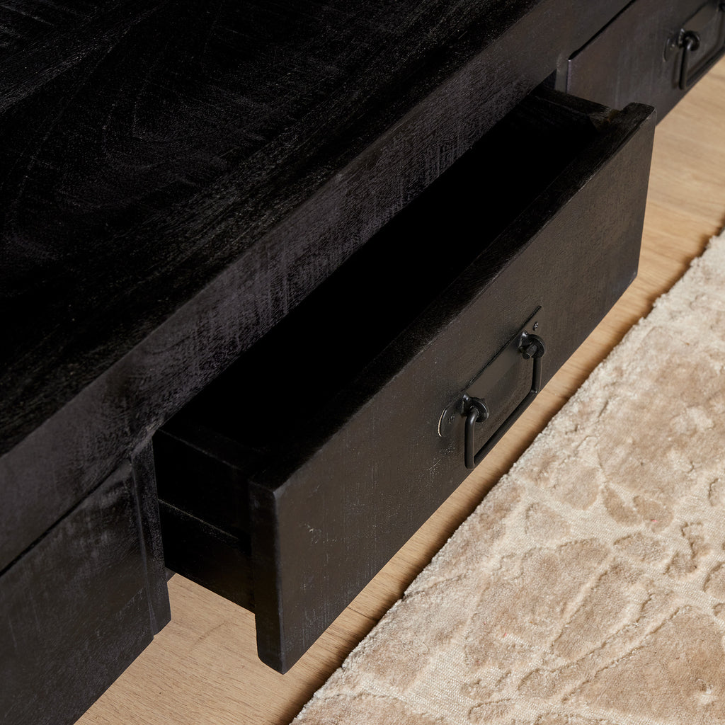 TV-Board Bori Schwarz – Mangoholz TV-Schrank 180×60×45 cm mit 4 Schubladen, offenem Fach & Metallgestell im modernen Design