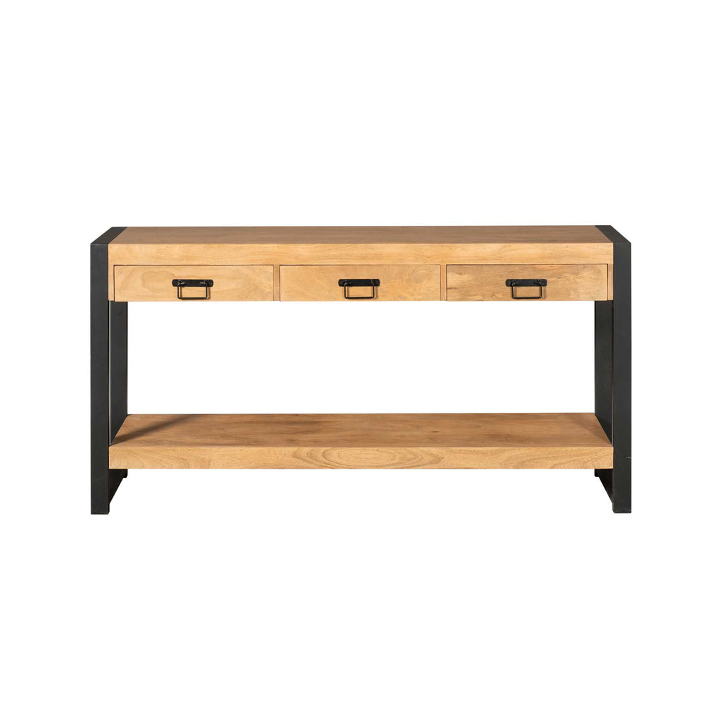 Konsolentisch Bori Natur – eleganter Tisch aus Mangoholz mit schwarzem Metallgestell & 3 Schubladen, 150 x 35 x 76 cm