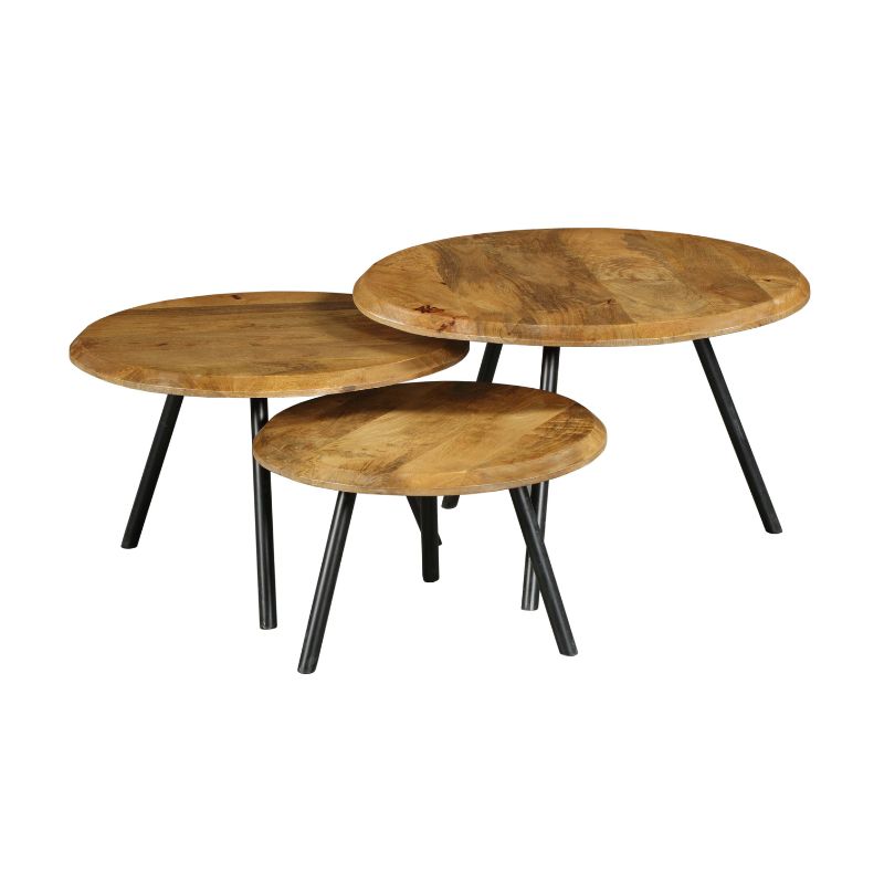 Couchtisch-Set Hawaii – 3 Tische aus Mangoholz & Metall, Ø70/Ø60/Ø50 cm, rundes Tisch-Set im modernen Design