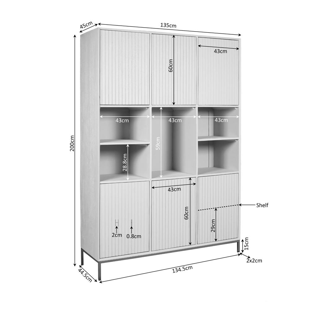 Regal Mandy Natur – Mangoholz mit Lamellenfront, 6 Türen & 5 Fächer, 135 x 45 x 200 cm