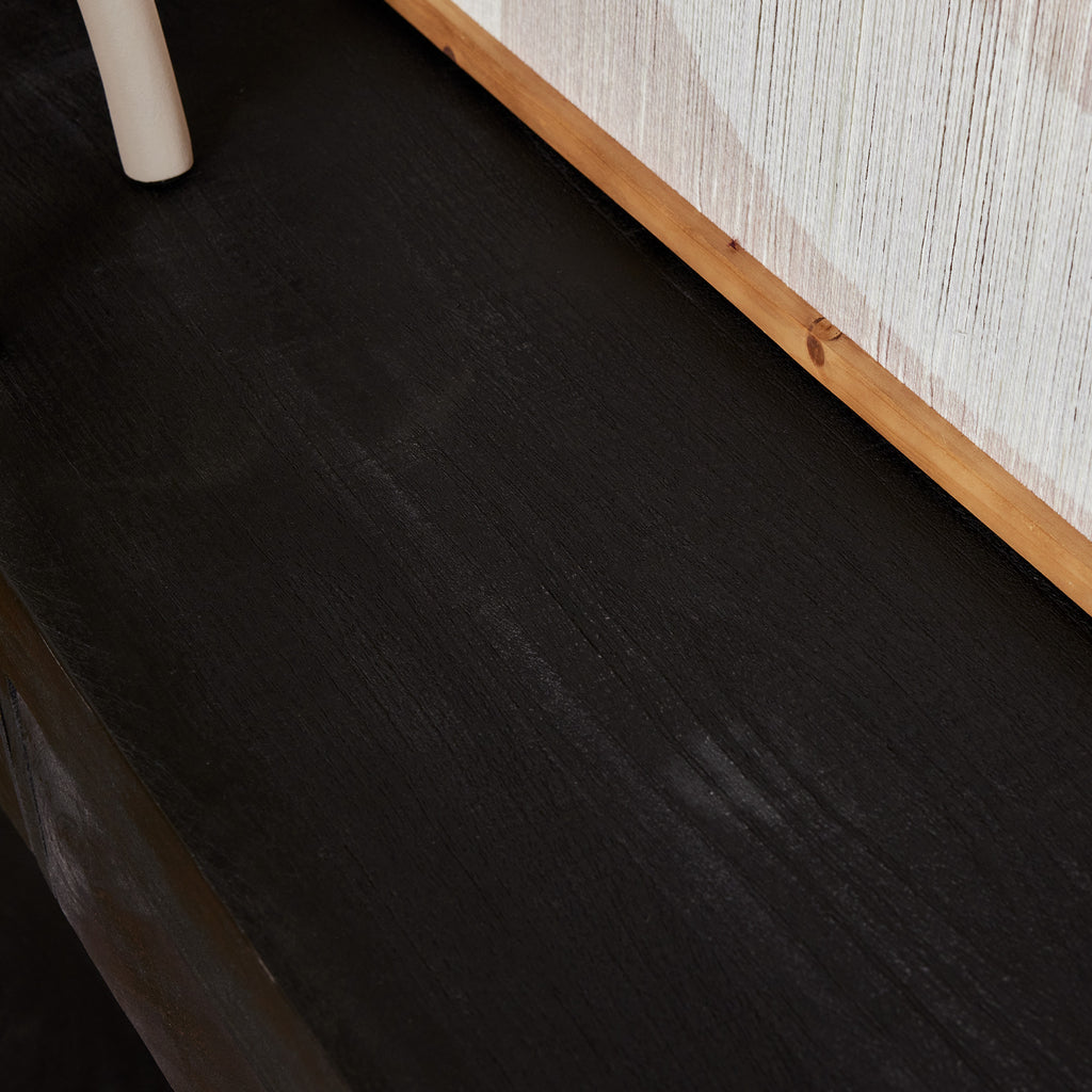 Konsolentisch Bori Schwarz – massives Mangoholz mit Metallgestell und 2 Schubladen, moderner Blickfang für Ihr Zuhause, 120 x 35 x 76 cm