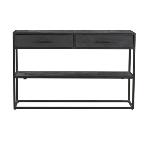 Konsolentisch Sydney – Mangoholz & Metall Schwarz, 120 x 35 x 76 cm, mit 2 Schubladen & Regal im Industriedesign
