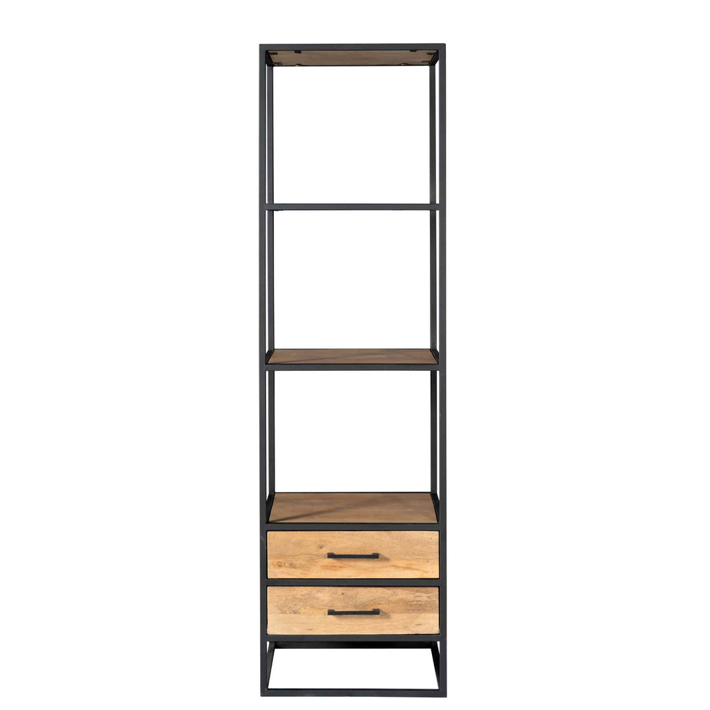 Bücherregal Delta Natur – Mangoholz Regal mit 2 Schubladen & Ablagen, 55×45×200 cm, Metallrahmen schwarz
