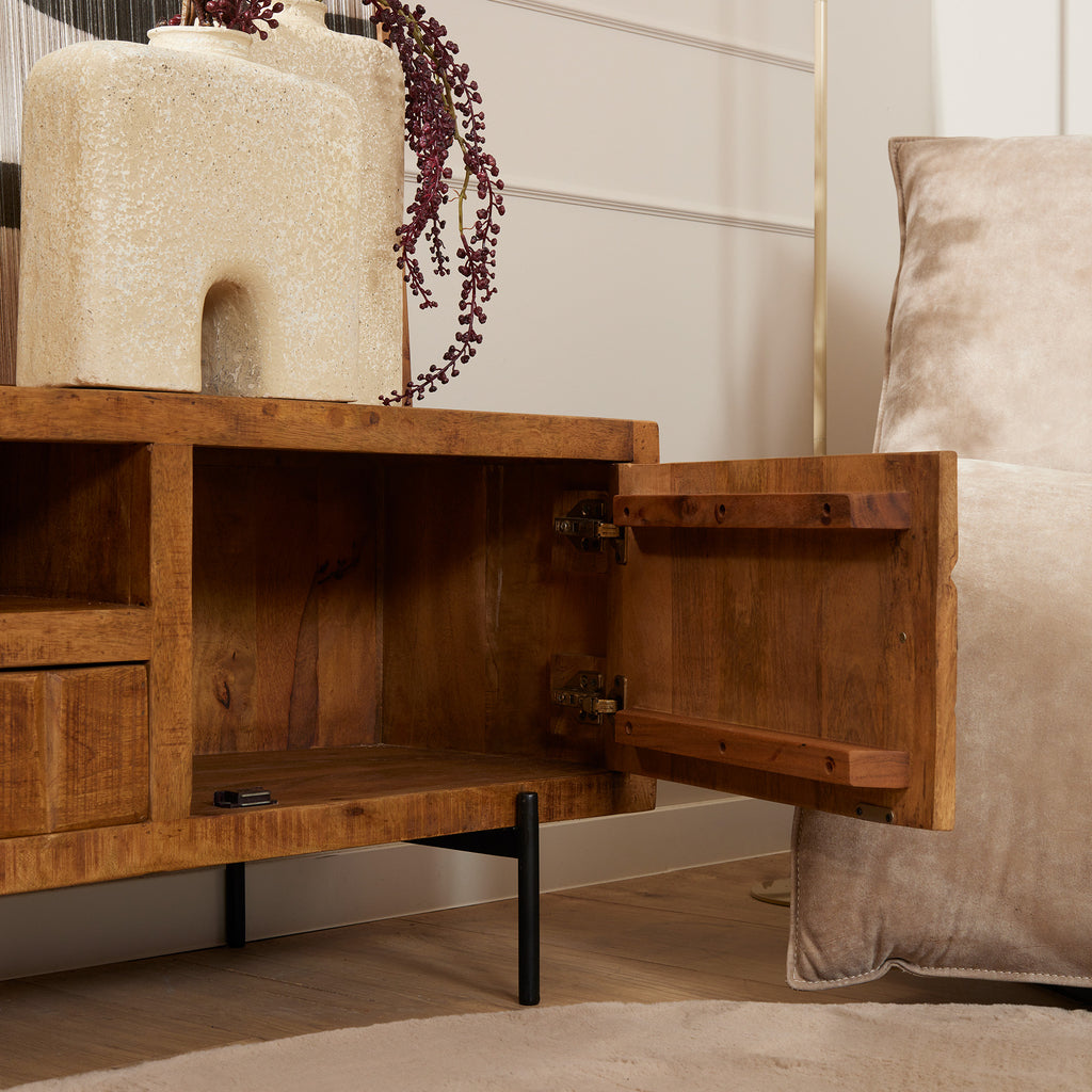 TV-Board Jacky Natur – Mangoholz mit Blockmuster, 180 x 40 x 55 cm