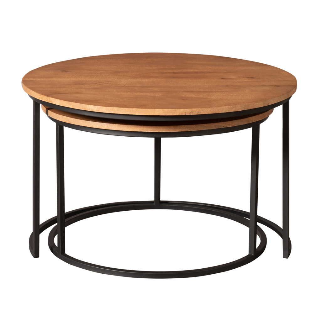 Mandy Naturel Couchtisch 2er-Set – Mangoholz & schwarzes Stahlgestell, 70x70x45 & 60x60x39 cm, modernes Design