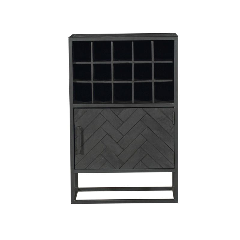 Weinbar Sydney Schwarz 55x35x90 cm – Stilvolle Minibar aus Mangoholz mit Fischgrätmuster & Stauraum für Gläser & Flaschen