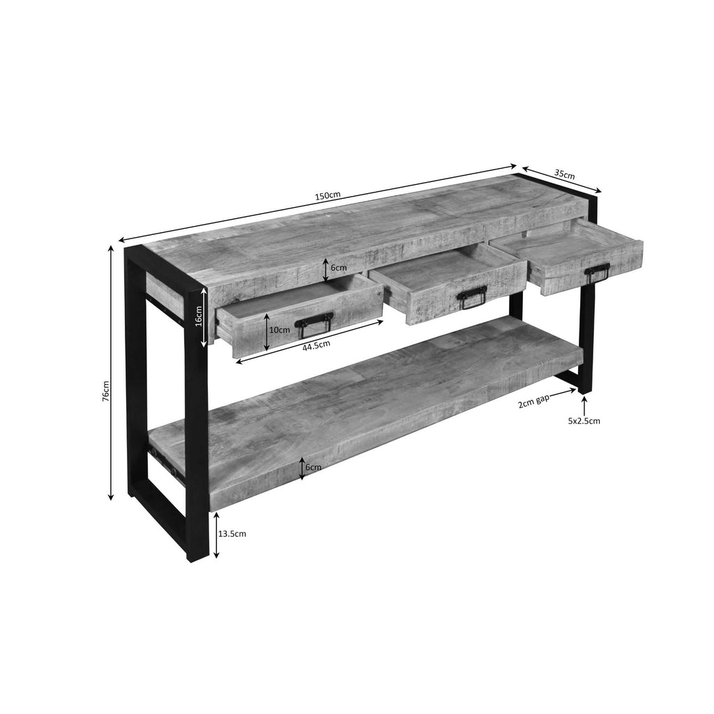 Konsolentisch Bori Natur – eleganter Tisch aus Mangoholz mit schwarzem Metallgestell & 3 Schubladen, 150 x 35 x 76 cm