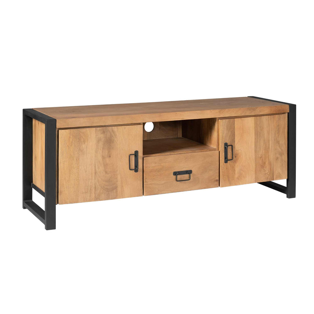 TV-Board Bori Natur – Lowboard aus Mangoholz & Metall mit 2 Türen, Fach & Schublade, schwarzer Rahmen, 150 cm