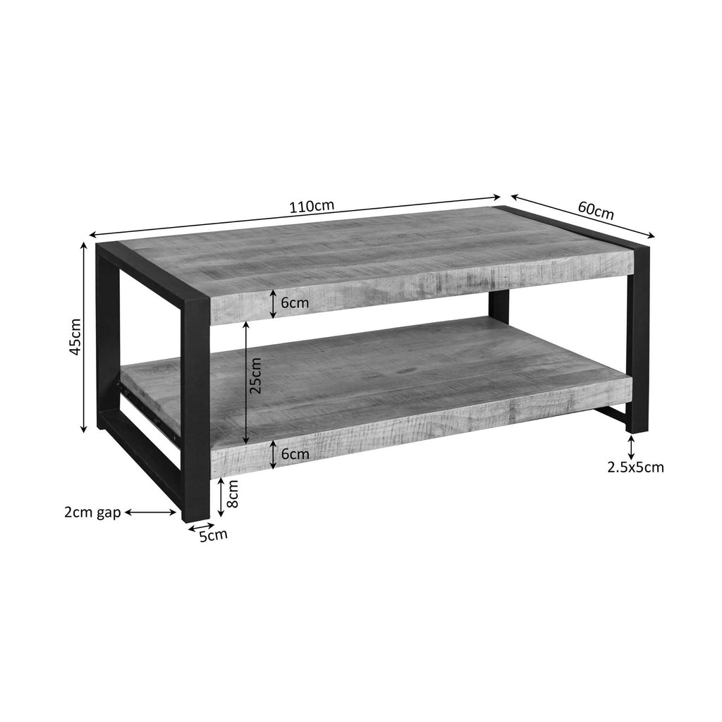 Couchtisch Bori Natur – Rechteckiger Tisch aus Mangoholz & Metall mit Ablagefach, 110 x 60 x 45 cm