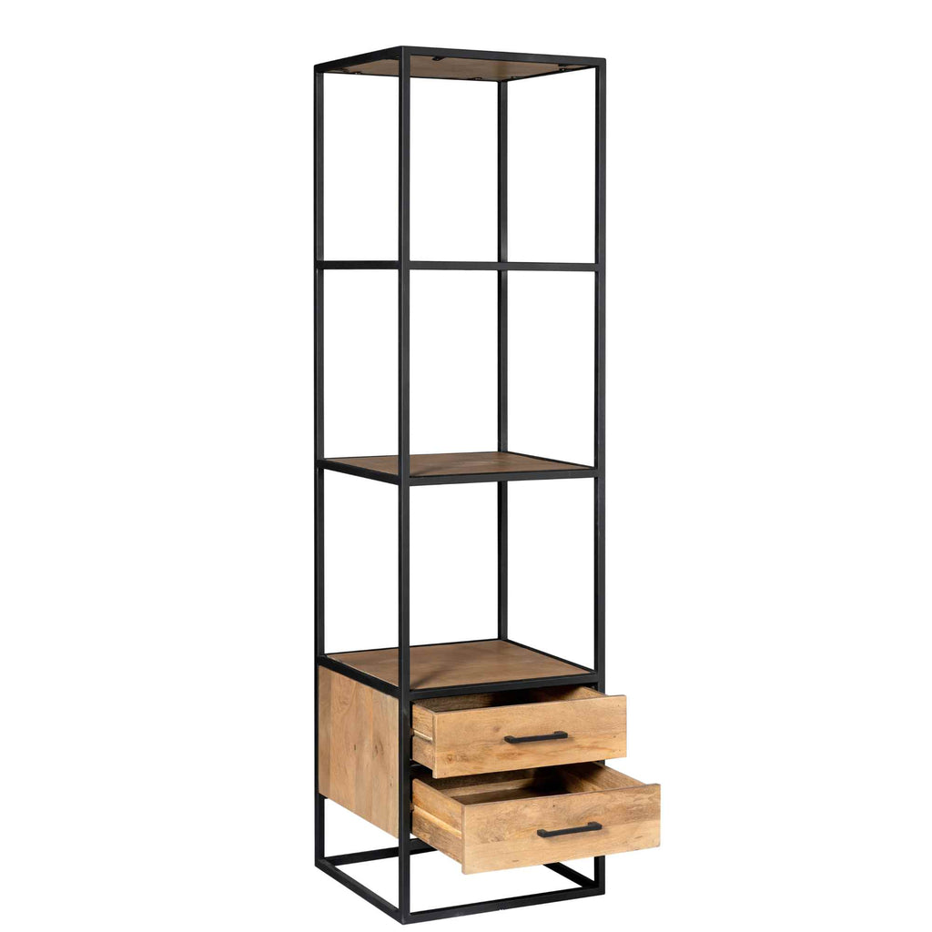 Bücherregal Delta Natur – Mangoholz Regal mit 2 Schubladen & Ablagen, 55×45×200 cm, Metallrahmen schwarz