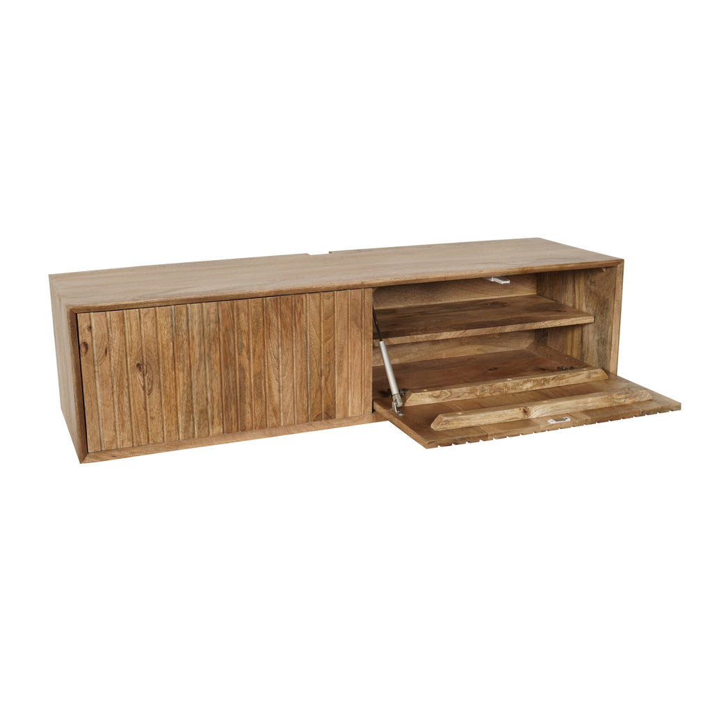Schwebendes TV-Board Mandy Naturel – Lowboard aus Mangoholz 120×30×35 cm mit Lamellen-Front & Push-to-Open-System