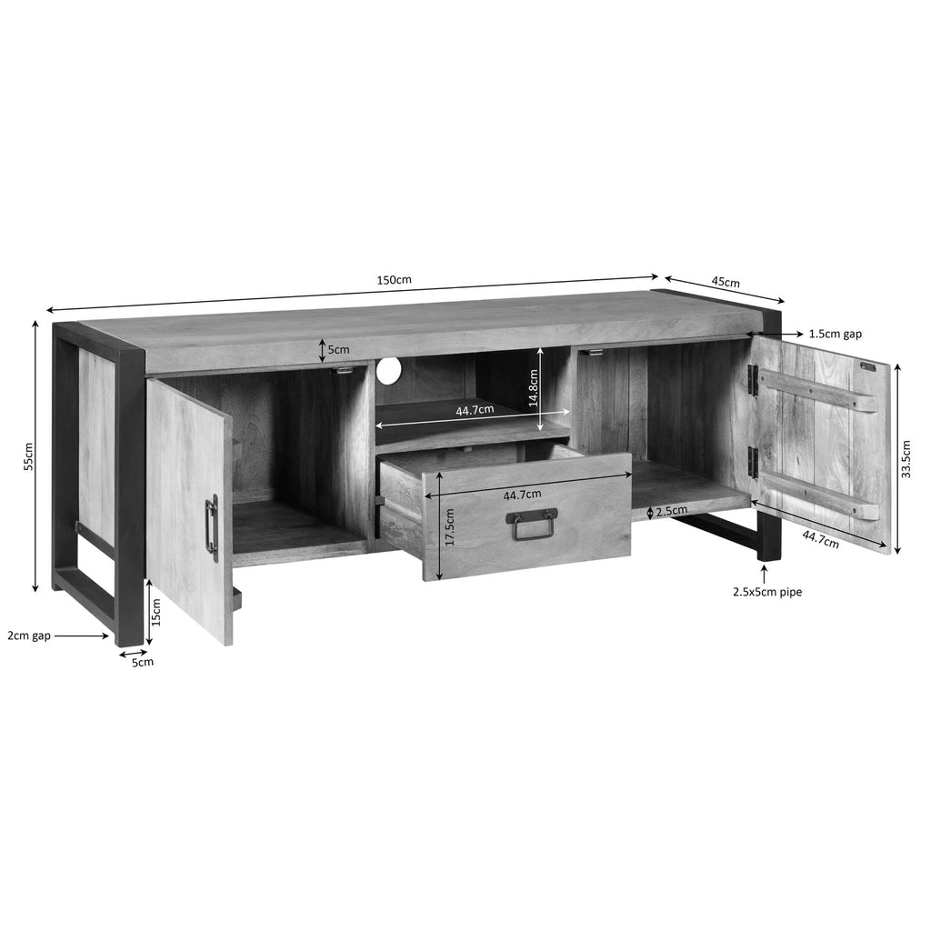 TV-Board Bori Natur – Lowboard aus Mangoholz & Metall mit 2 Türen, Fach & Schublade, schwarzer Rahmen, 150 cm