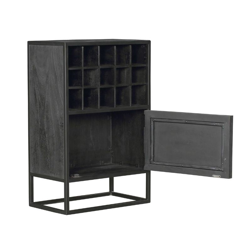 Weinbar Sydney Schwarz 55x35x90 cm – Stilvolle Minibar aus Mangoholz mit Fischgrätmuster & Stauraum für Gläser & Flaschen