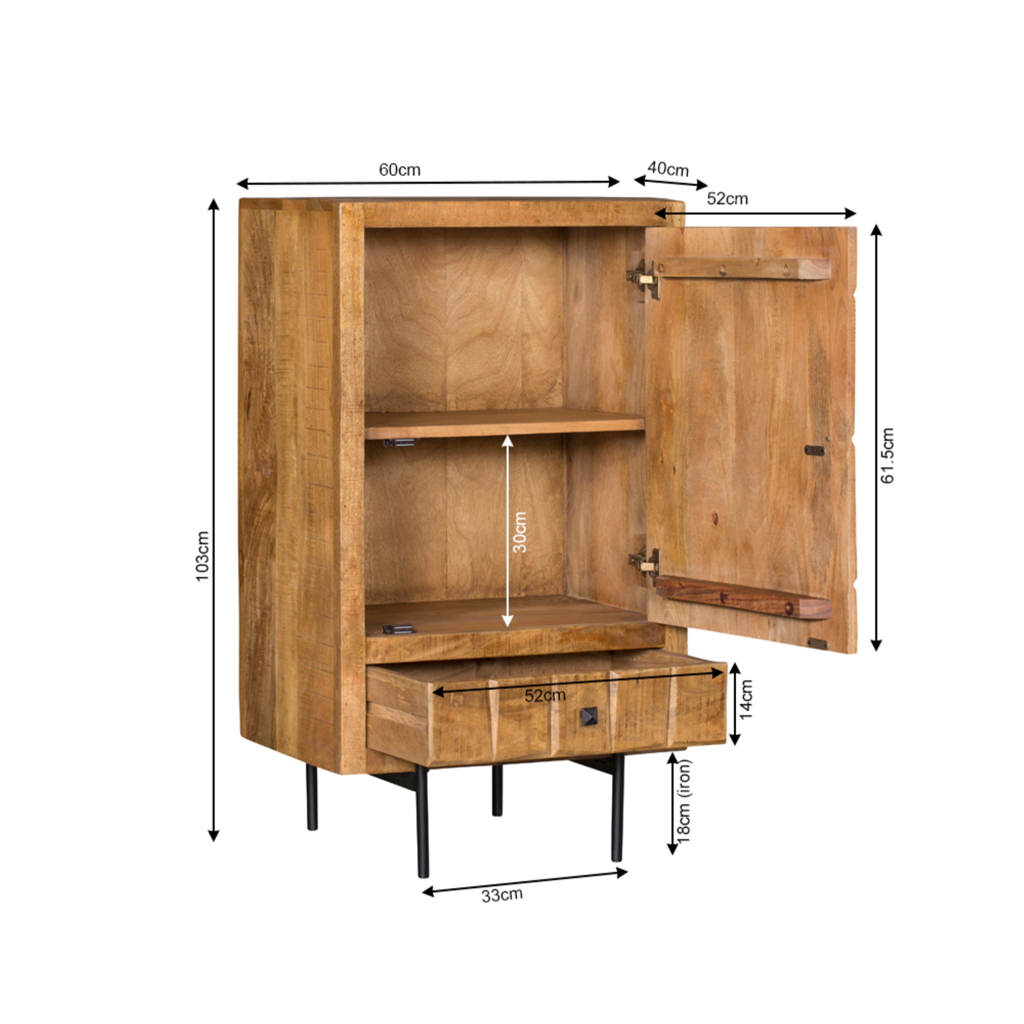 Highboard Jacky Natur – Schrank aus Mangoholz mit geschnitztem Blockmuster & Metallgestell, 1 Tür & 1 Schublade, 60 x 40 x 103 cm