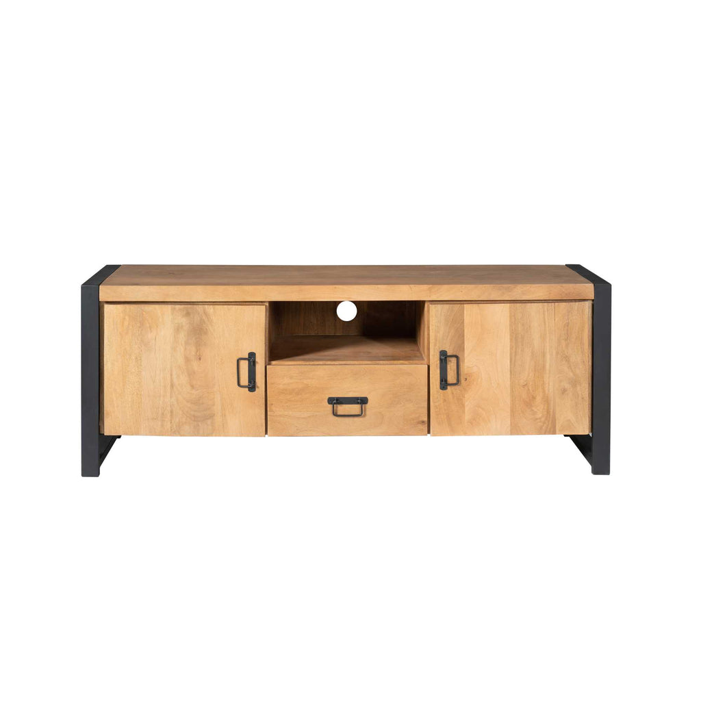 TV-Board Bori Natur – Lowboard aus Mangoholz & Metall mit 2 Türen, Fach & Schublade, schwarzer Rahmen, 150 cm