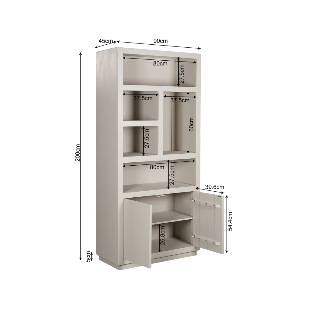 Regal Bali Sand – Standregal aus Mangoholz mit 5 Fächern & 2 Türen, 90 x 45 x 200 cm