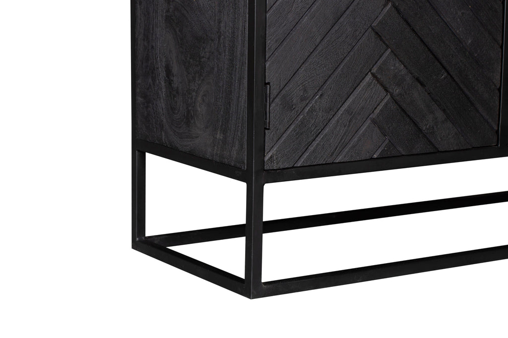 Highboard Sydney – Mangoholz Schrank mit Fischgrätenmuster & Metallgestell 100×40×115 cm