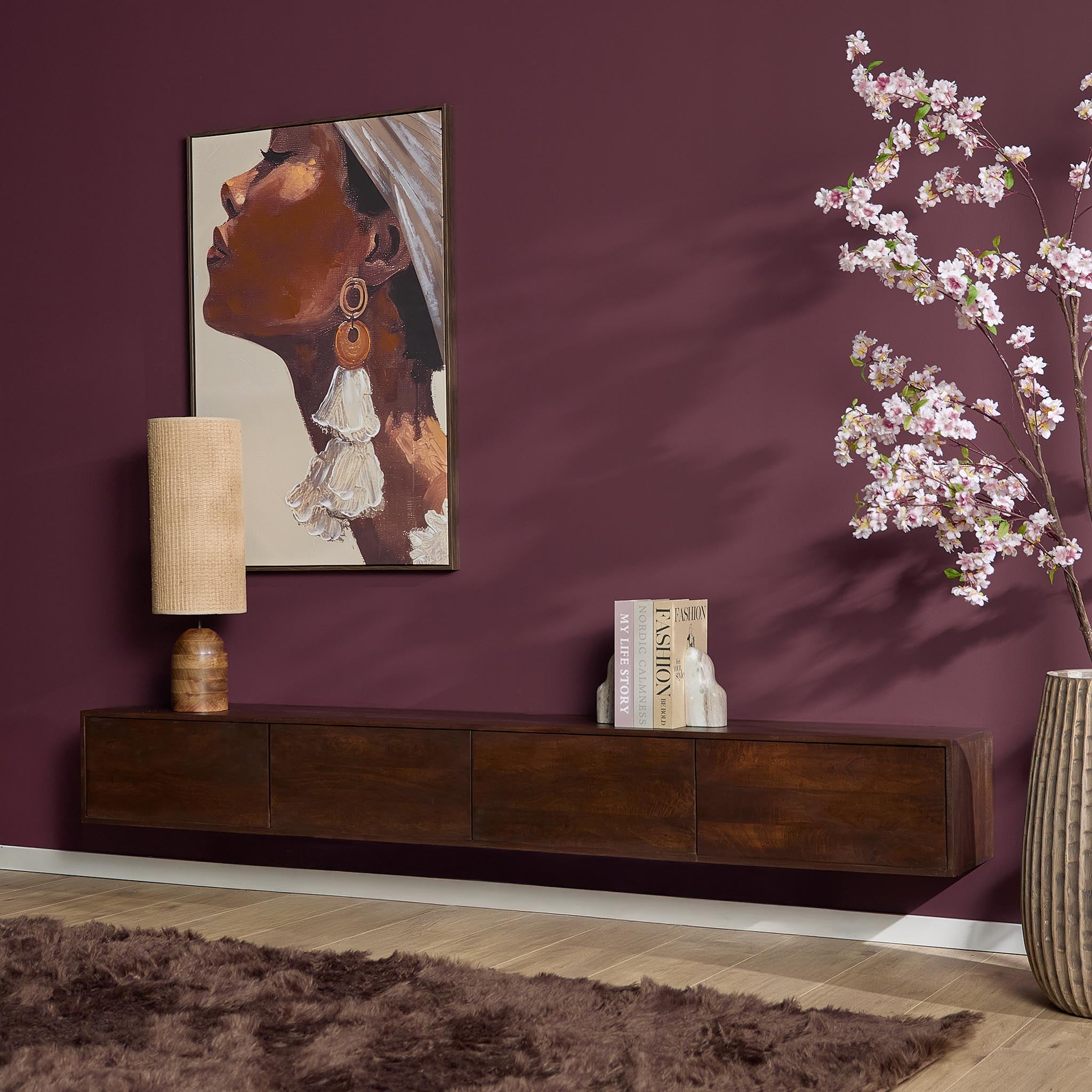 Schwebendes Lowboard Focus Braun – Mangoholz, 240 x 35 x 30 cm, modernes TV-Board mit Push-to-Open-System