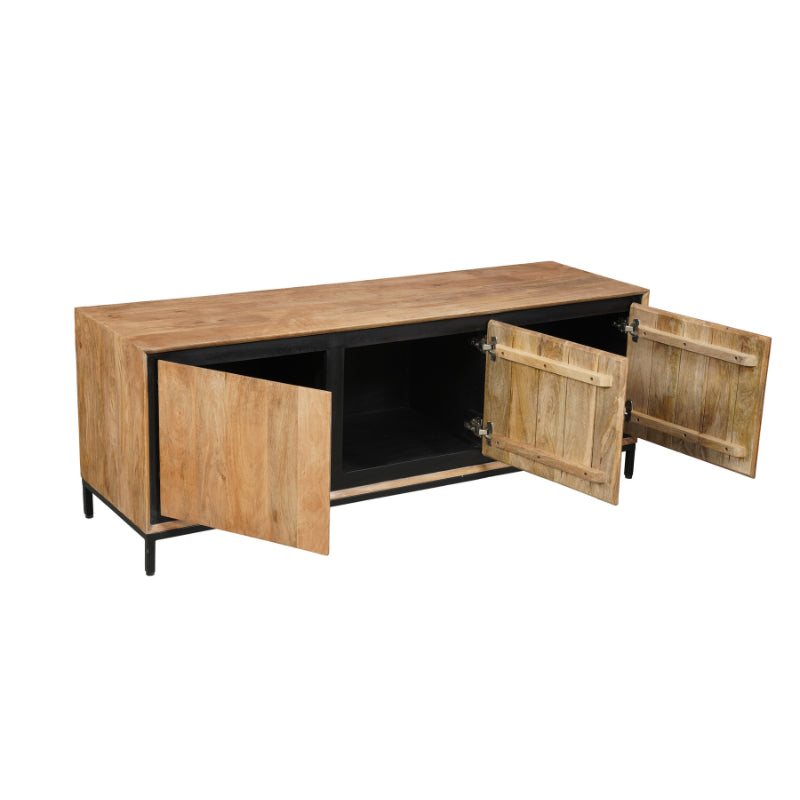 TV-Board Rois 150x45x55 cm – Massives Mangoholz mit schwarzem Metallrahmen & 3 grifflosen Türen