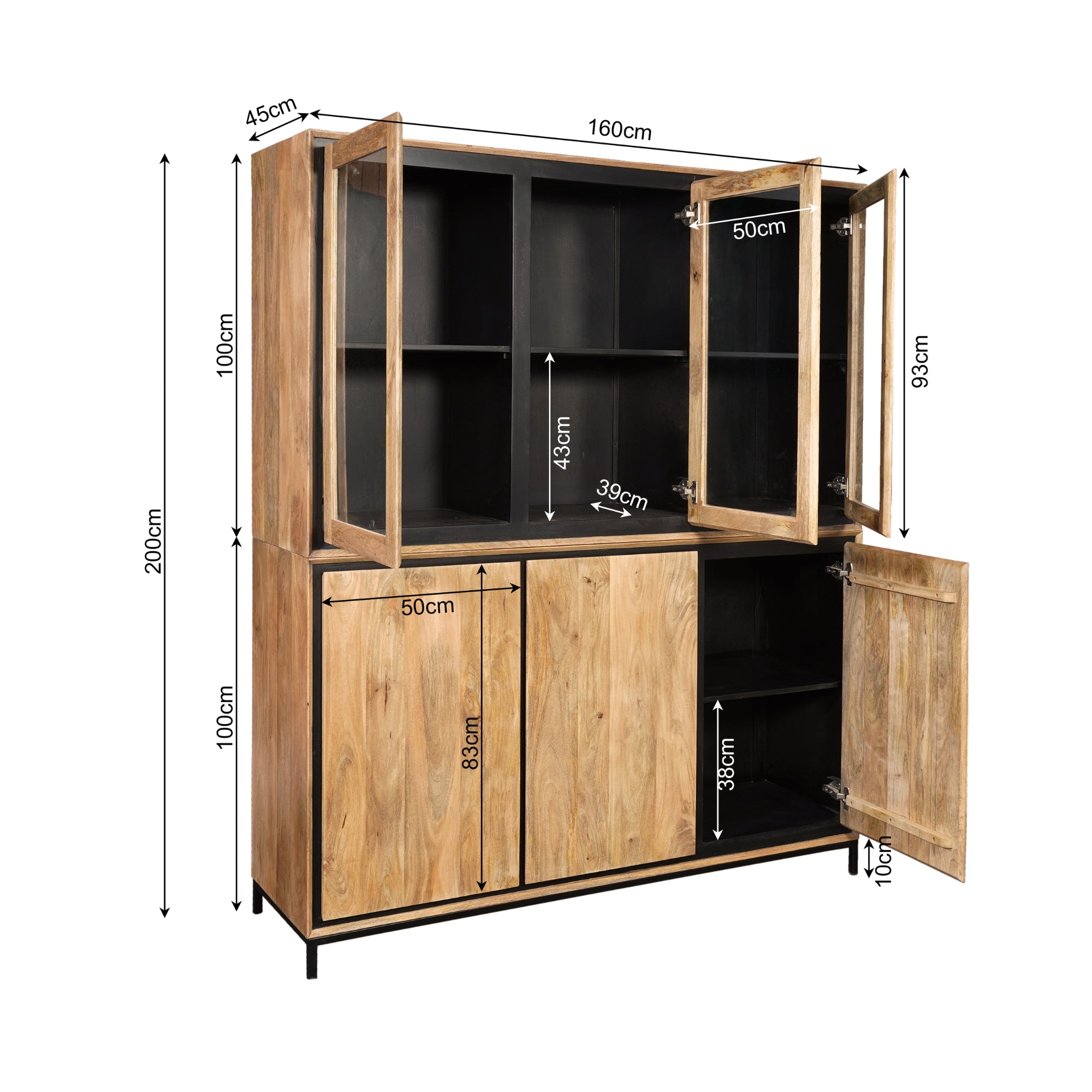 Vitrine Rois – Schrank aus Mangoholz & Metall mit 6 Türen, 160 x 45 x 200 cm