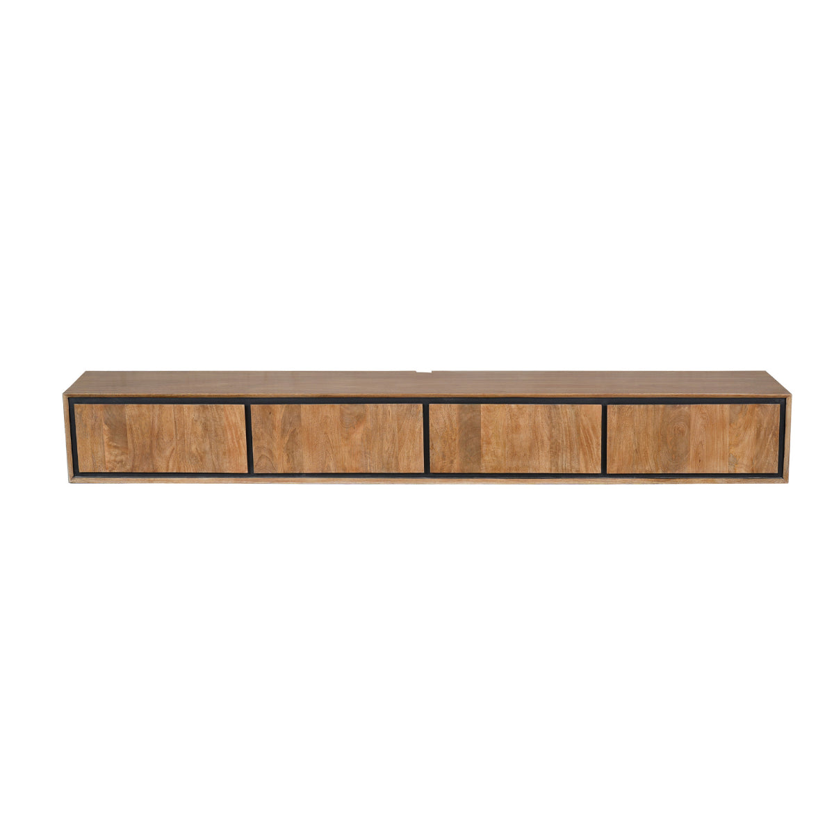 Schwebendes TV Board Rois – Mangoholz & Metall, 240 x 35 x 30 cm, 4 grifflose Türen, modernes Design