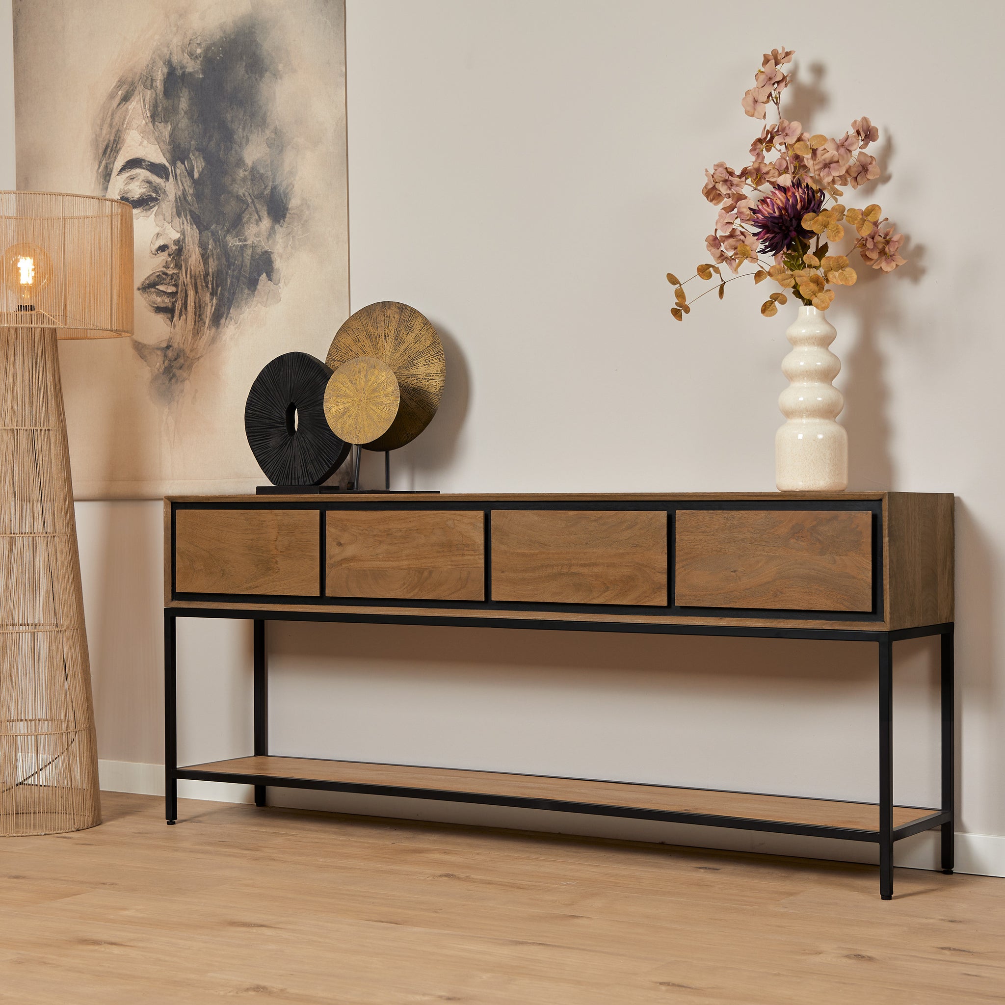 Konsolentisch Rois – Mangoholz Anrichte mit Metallgestell, 180×35×76 cm, modernes Möbel mit 4 Schubladen & Regalboden