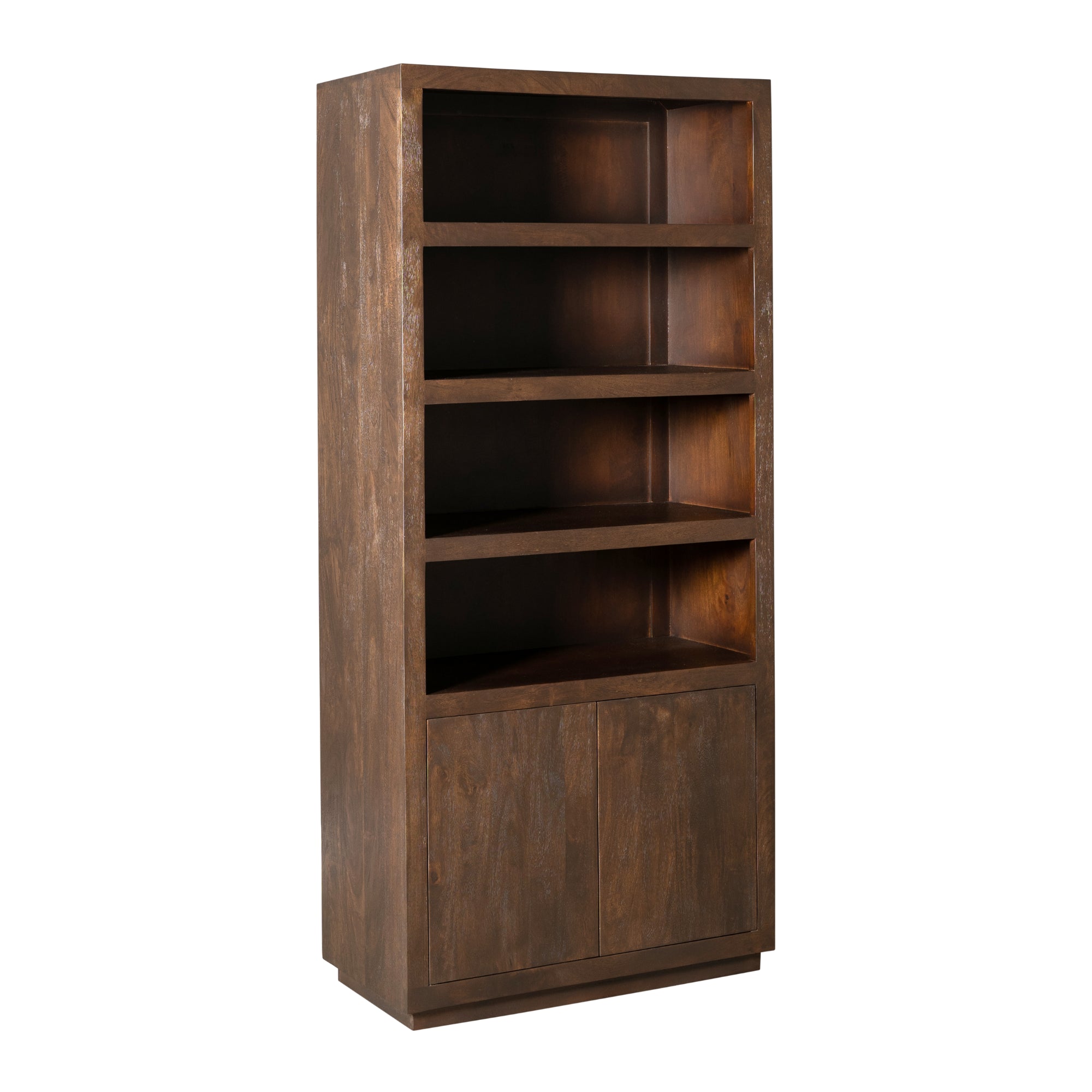 Bücherregal Bali Braun – Regal aus Mangoholz mit Push-to-Open-Türen, 90 x 45 x 200 cm, modernes Aufbewahrungsregal