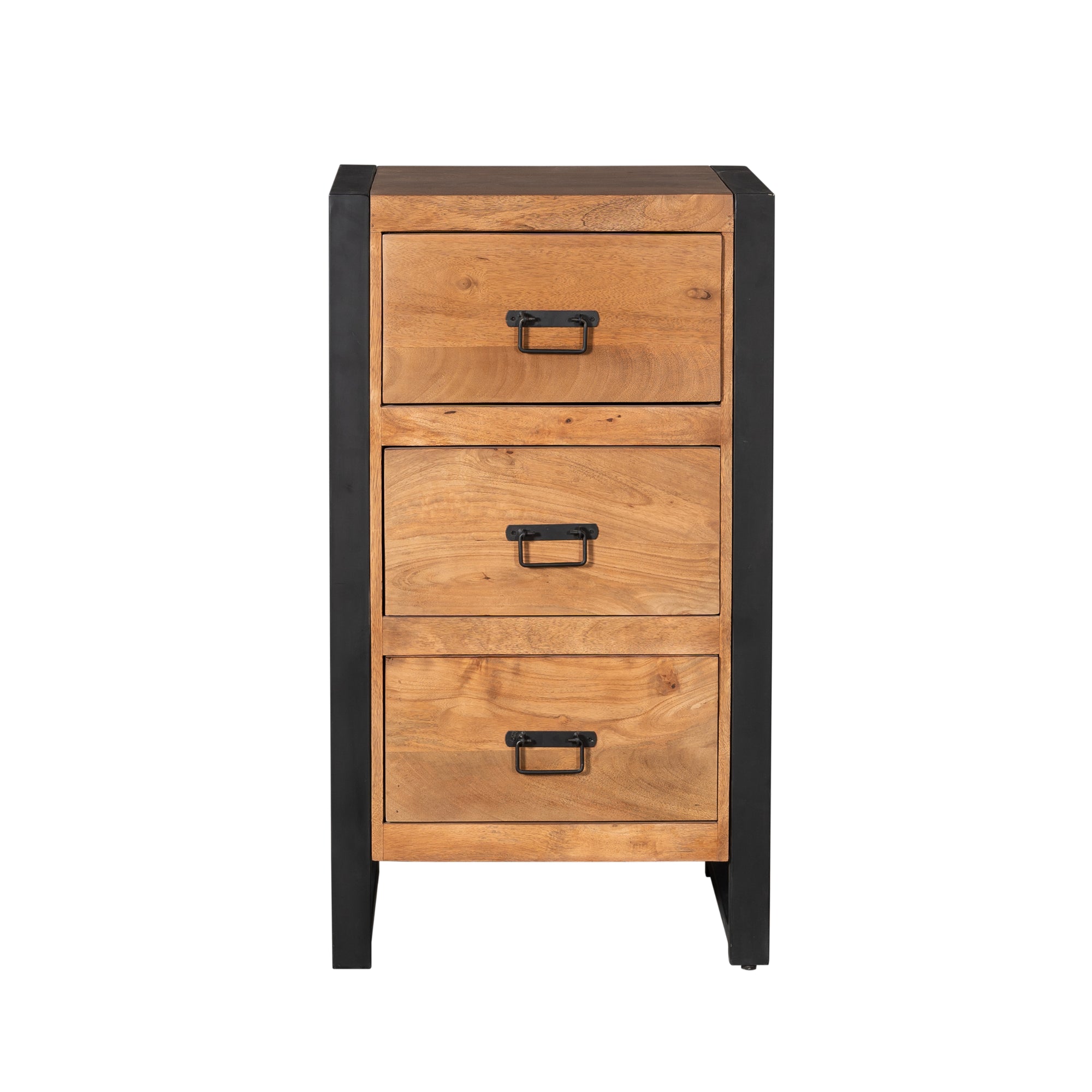 Highboard Bori Natur – Kompakter Schrank aus Mangoholz mit schwarzen Metallakzenten & 3 Schubladen, 55 x 40 x 100 cm