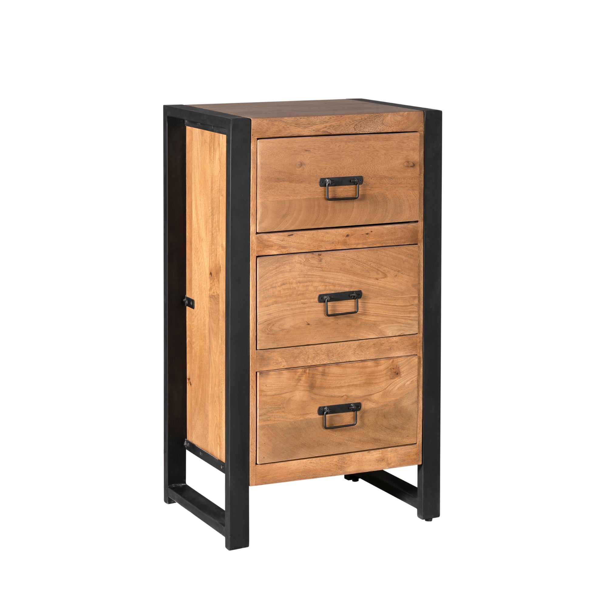 Highboard Bori Natur – Kompakter Schrank aus Mangoholz mit schwarzen Metallakzenten & 3 Schubladen, 55 x 40 x 100 cm