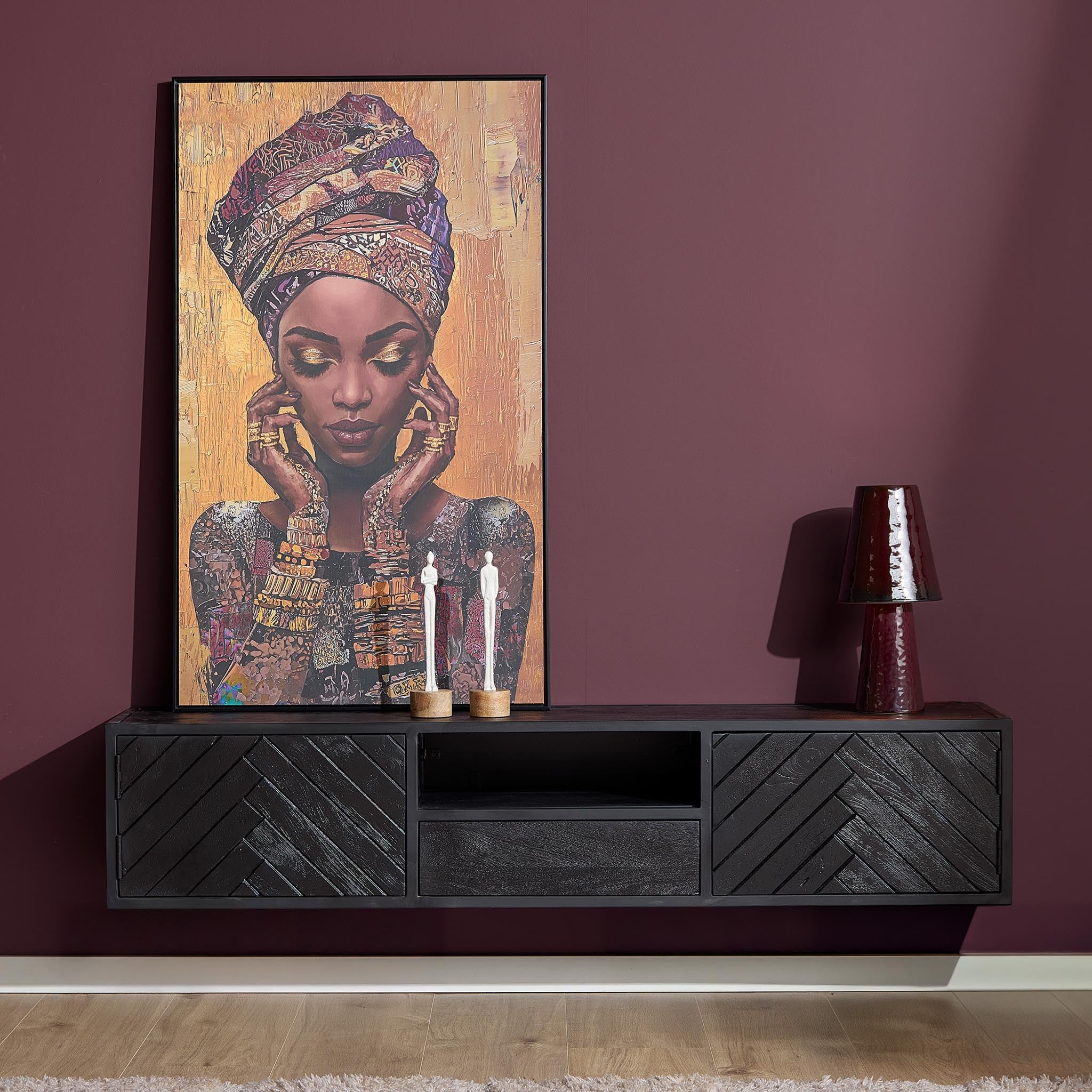 Schwebendes TV-Board Sydney – Mangoholz Schwarz, Fischgrät, 160 x 35 x 33 cm, Offenes Fach, Modernes Design