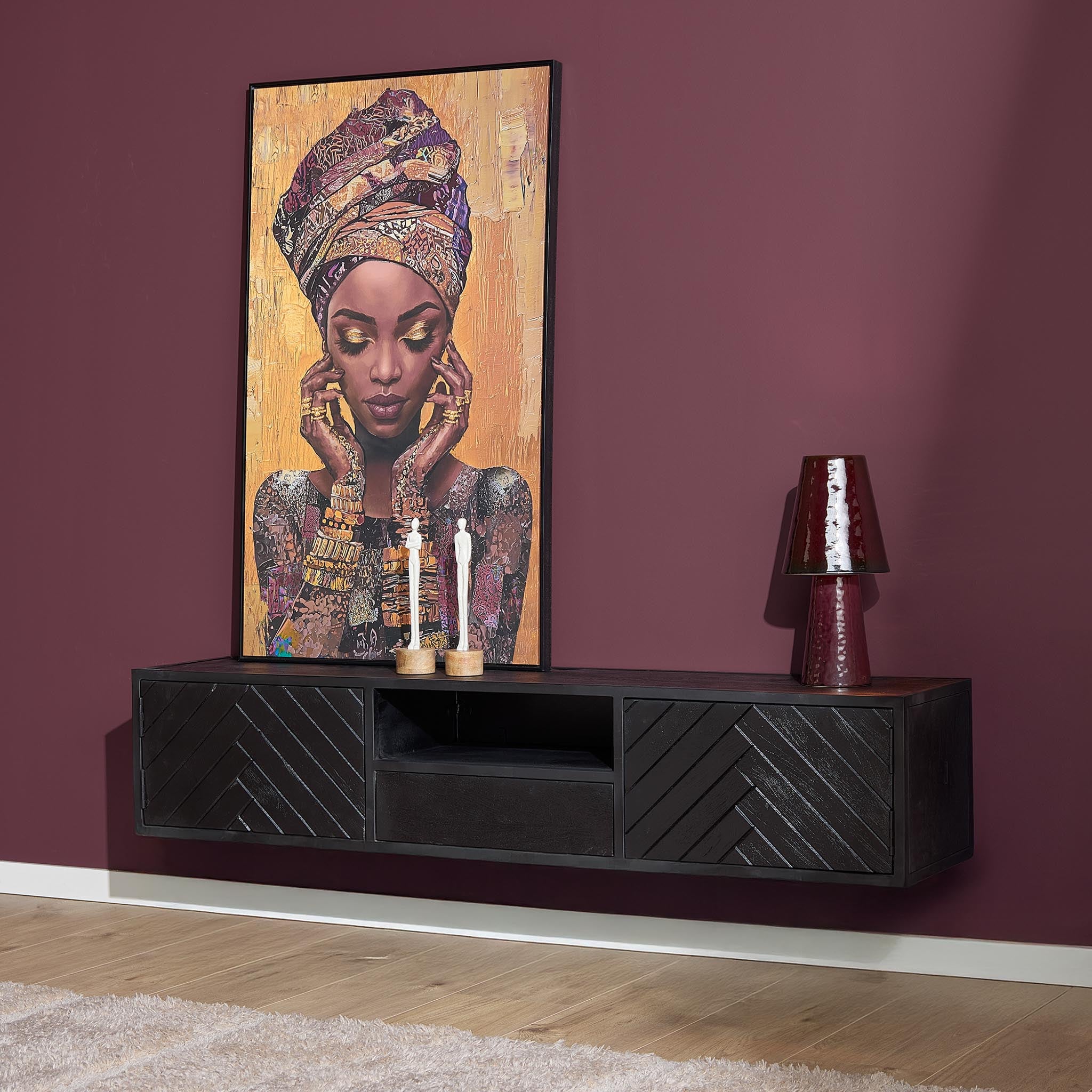 Schwebendes TV-Board Sydney – Mangoholz Schwarz, Fischgrät, 160 x 35 x 33 cm, Offenes Fach, Modernes Design