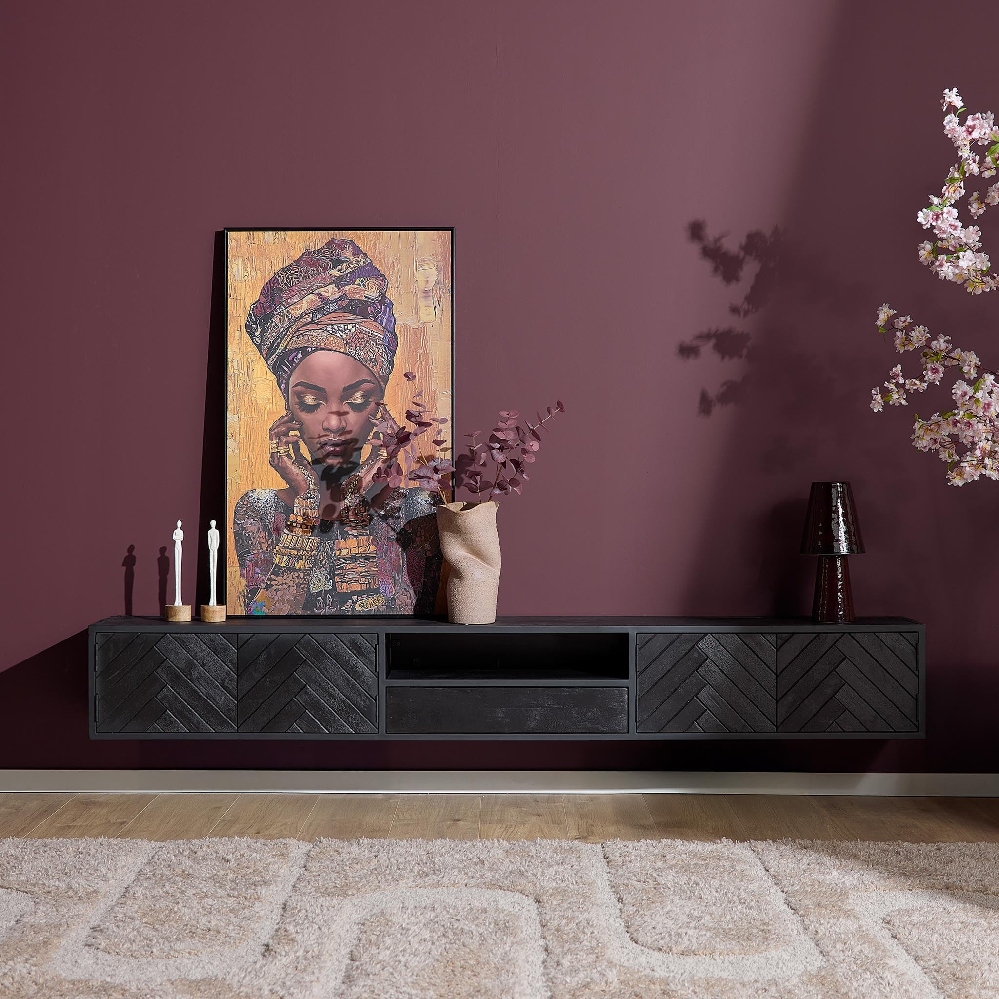 Schwebendes Lowboard Sydney Schwarz – Mangoholz mit Fischgrätmuster, 240 x 35 x 33 cm